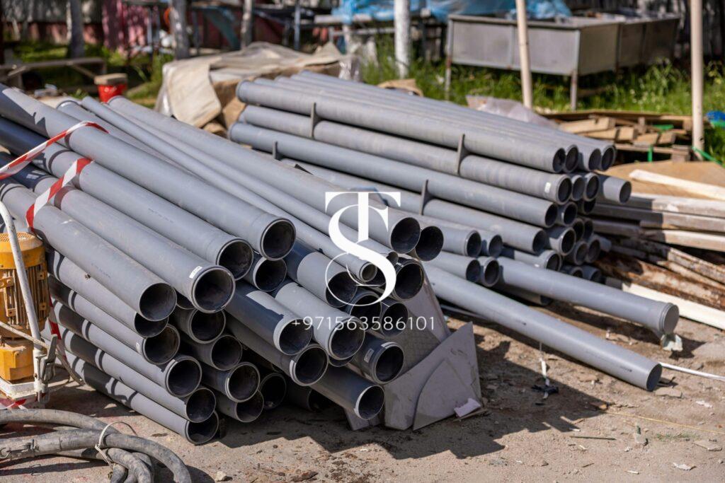 A collection of gray PVC pipes neatly stacked at an outdoor construction site.